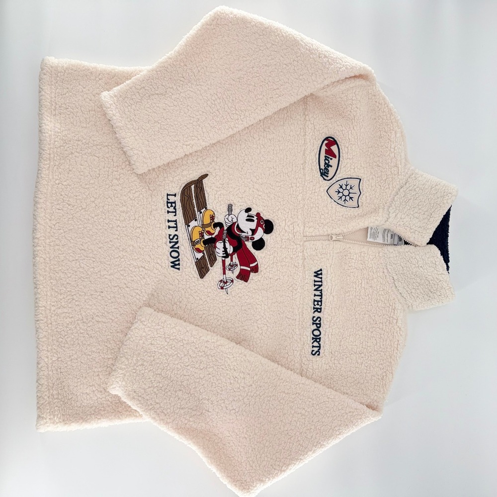 DISNEY Mickey Mouse Winter Sports Sherpa Fleece Quarter Zip Pullover Cream XXL